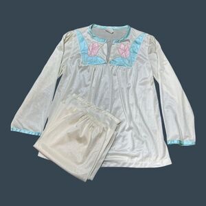 Vintage Made USA Nylon Pajama Set Tulip Floral Pattern Pants Shirt Sz S Retro